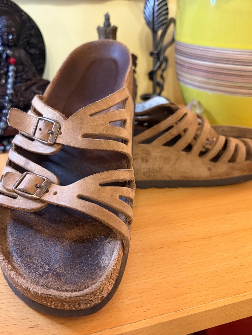 Birkenstock 41 Granada Brown Leather Sandals Strappy Cork Comfort Slip On